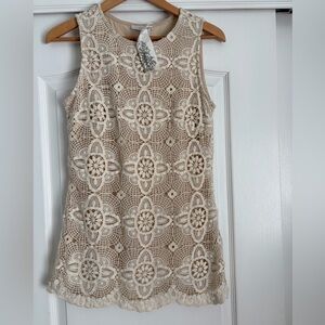 Mystree 100% Cotton Crochet Lace Tunic Top Cream Boho Sleeveless Size Small